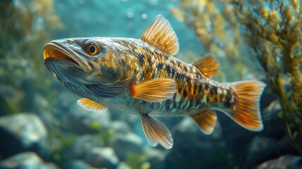 Naklejka premium A river pike glides near soft plants, surrounded by flowing water. Calm depths, serene underwater atmosphere.