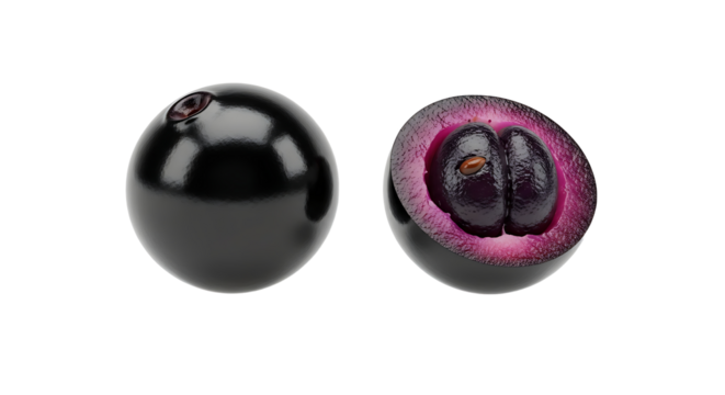 Shiny Black Java Plum with Vivid Purple Interior and Seed.