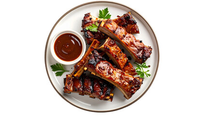 Beef Steak Grilled Barbecue Rib with Sauce on Plate, Isolated on Transparent Background, Top View