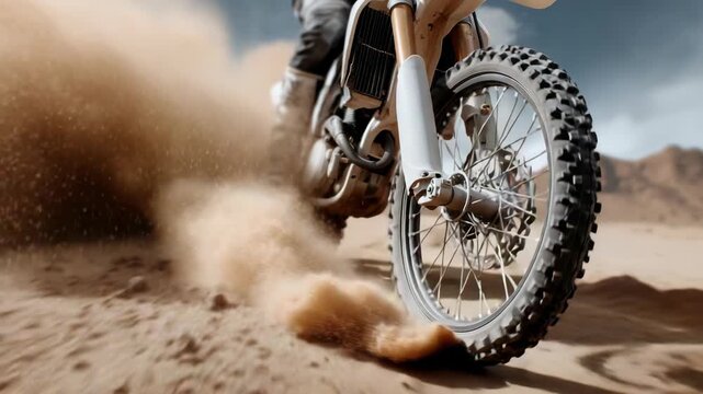 Dirt Bike Adventure Kicking Up Dust in Desert Landscape, Showcasing Power, Speed, and Thrill of Off Road Riding Experience