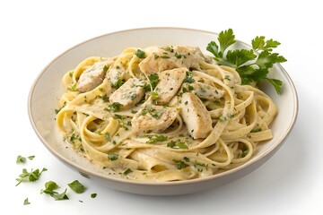 Fettuccine alfredo with chicken in a white bowl