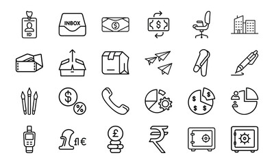 Fototapeta premium Business and Office Icon Bundle – Finance, Currency, Communication, Charts, ID, Pen, Office Tools, Safe, and Company Line Icons for Corporate Design and UI