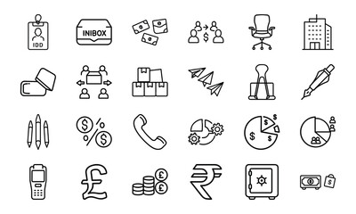 Business and Office Icon Bundle – Finance, Currency, Communication, Charts, ID, Pen, Office Tools, Safe, and Company Line Icons for Corporate Design and UI