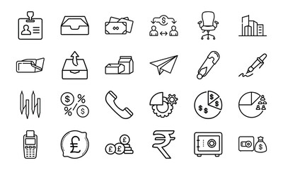 Business and Office Icon Bundle – Finance, Currency, Communication, Charts, ID, Pen, Office Tools, Safe, and Company Line Icons for Corporate Design and UI