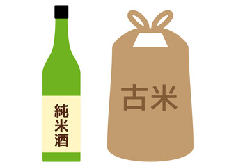 純米酒の入った日本酒の酒瓶と古米の入った米袋のアイコン