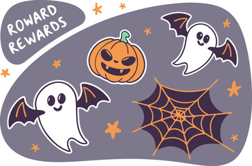 Halloween scene featuring bats, ghost, pumpkin, moon, stars and a pumpkin sticker sheet illustration