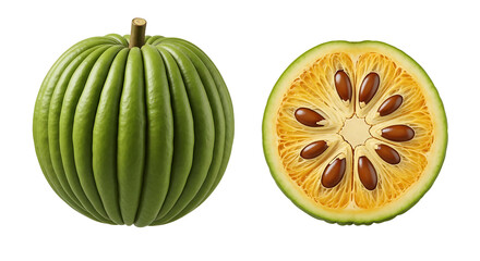 Vibrant Green Bael Fruit Sectioned to Reveal Seeds and Pulp.