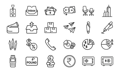 Naklejka premium Business and Office Icon Bundle – Finance, Currency, Communication, Charts, ID, Pen, Office Tools, Safe, and Company Line Icons for Corporate Design and UI