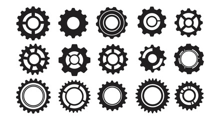 Collection of Gear Icons in Black and White Silhouette