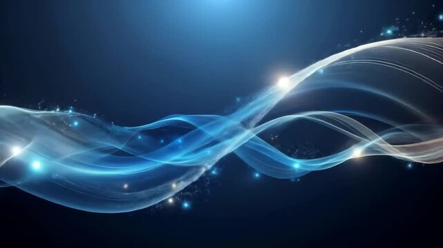 A luminous, translucent wave flows across a dark blue background, interspersed with sparkling particles.