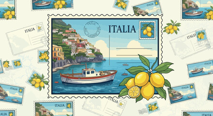An illustration featuring a postcard of the Italian coast with a boat, lemons, and scattered postcards.
