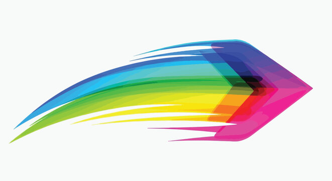An abstract illustration featuring a colorful, layered arrow shape on a white background, conveying movement and direction.