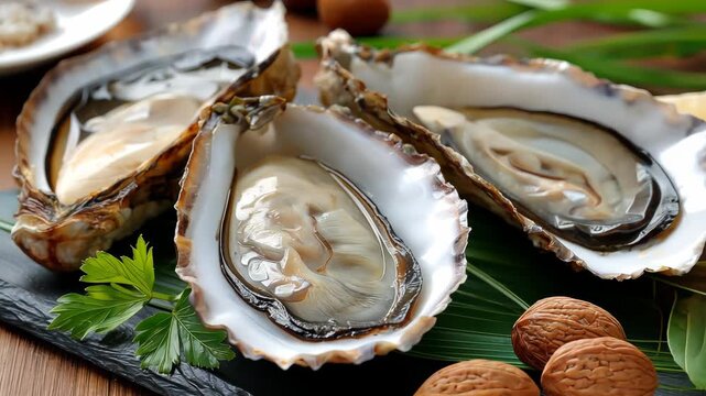 Fresh oysters served on a rustic platter with almonds and herbs at a coastal restaurant