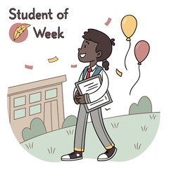 Illustration of student of the week walking with certificate near school building and balloons in celebration