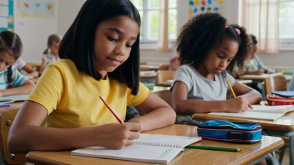 Multiracial students inside classroom - Children, back to school and campus lifestyle concept - Models by AI generative - Powered by Adobe