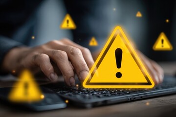 Hands typing on a keyboard, overlaid with yellow warning signs