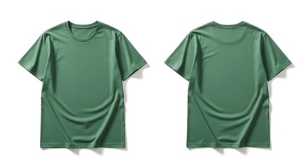 Front and back view of a smooth, green t-shirt, isolated on white.