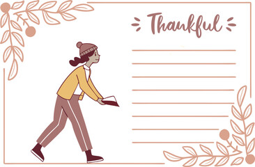 Illustration of a woman with a hat holding a letter next to a thankful message card with floral borders