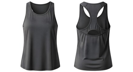 Front and back view of a dark gray athletic tank top, showcasing a racerback design with a cutout detail.