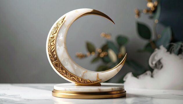 A radiant crescent moon carved in marble, surrounded by misty air, captured with hyper-realistic detail like an HD close-up