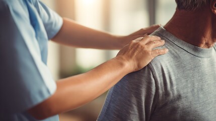 Person receiving physical therapy support indoors with gentle assistance and soft natural light creating calm medical recovery atmosphere