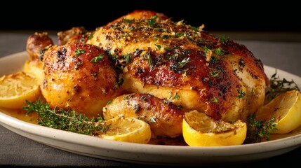 Juicy roasted whole chicken with herbs and lemons on white plate close-up.