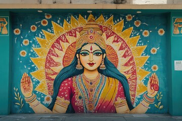 A vibrant mural depicting the goddess Durga, symbolizing the fierce and protective aspects of sakti