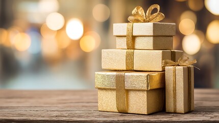 Pile of golden gift boxes on wooden table festive composition for birthday Christmas or celebration warm light elegant scene