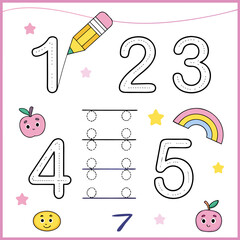 Number tracing worksheet with pencil, numbers one through five, dots, stars, apple, rainbow and smiley face