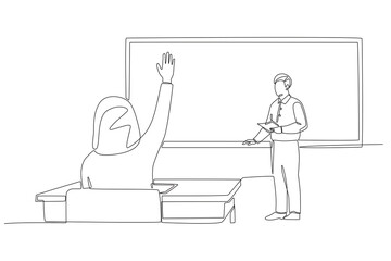 Female students who raised their hands. Student participating in discussions concept one-line drawing