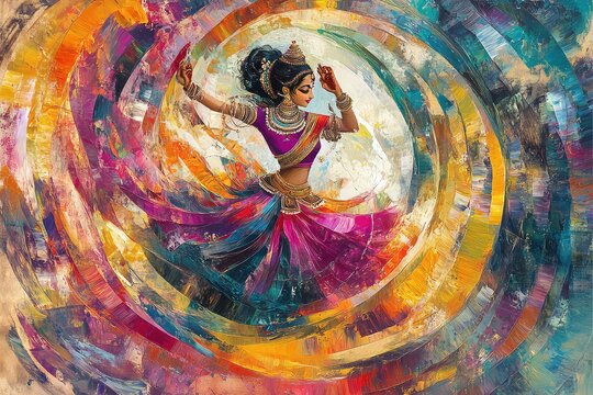 A vibrant painting of a goddess surrounded by swirling colors, symbolizing the power of sakti