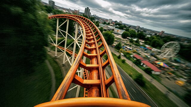Rollercoaster tracks are turning over a cityscape in an amusement park, creating a thrilling experience with motion blur and dramatic clouds