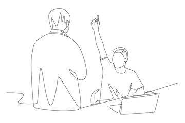 Students who raise their hands. Student participating in discussions concept one-line drawing