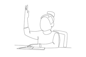 Female students who raised their hands. Student participating in discussions concept one-line drawing