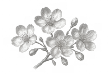 Pencil drawing of cherry blossom branch blooming with flowers and buds on transparent background, perfect for spring designs