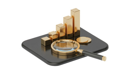 Golden bars chart with magnifying glass and coins signifies financial growth and insightful analysis