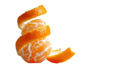 A vibrant mandarin orange with a spiraling peel, isolated on transparent background, showcasing its fresh and juicy segments, rich in vitamin c and antioxidants, a healthy and delicious fruit