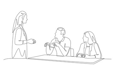 Students discussing with the teacher. Student participating in discussions concept one-line drawing