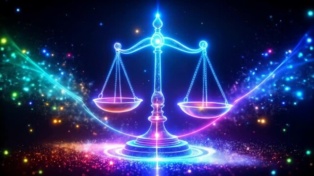 A neon, rainbow-colored Libra scale stands on a circular base, surrounded by sparkling lights and a curved light streak.