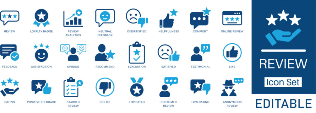 Review icon set with solid vector style. Includes feedback, rating, comment, satisfaction, opinion, like, customer review, testimonial, and more.