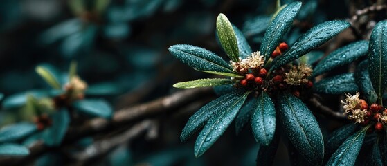 Close-up of dark teal leaves and red berries on a branch