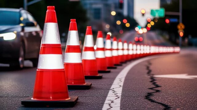 Row of orange safety cones creating a barrier for a temporary detour on an urban street.