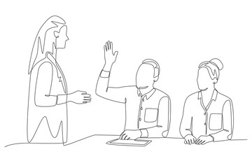 Students who ask the teacher. Student participating in discussions concept one-line drawing
