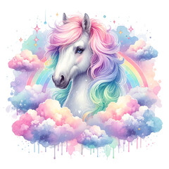 Fototapeta premium Celestial Unicorn: A watercolor illustration showcases a majestic unicorn with a rainbow mane and tail, set against a backdrop of soft, pastel clouds and a vibrant rainbow.