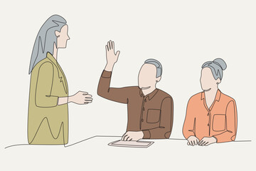 Colored students who ask the teacher. Student participating in discussions concept one-line drawing