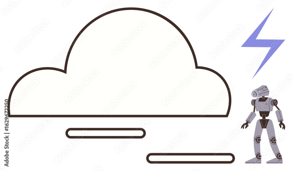 Aufkleber robot figure beside a large outlined cloud and lightning bolt, representing futuristic ai, cloud com