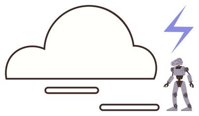 Robot figure beside a large outlined cloud and lightning bolt, representing futuristic AI, cloud computing, and energy. Ideal for Artificial Intelligence, data, technology, innovation, cloud