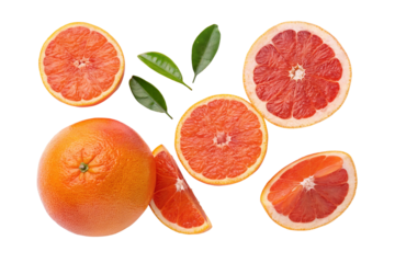 Fresh sliced grapefruit with leafy garnish vibrant orange citrus fruit arrangement on black
