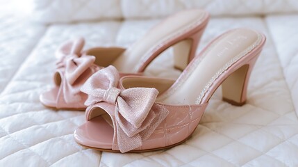 Pink glossy high heel mules with bows and open toe arranged on white quilted surface feminine and elegant styling
