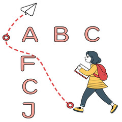 Illustration of a student girl following a dotted path from a paper plane through letters to school